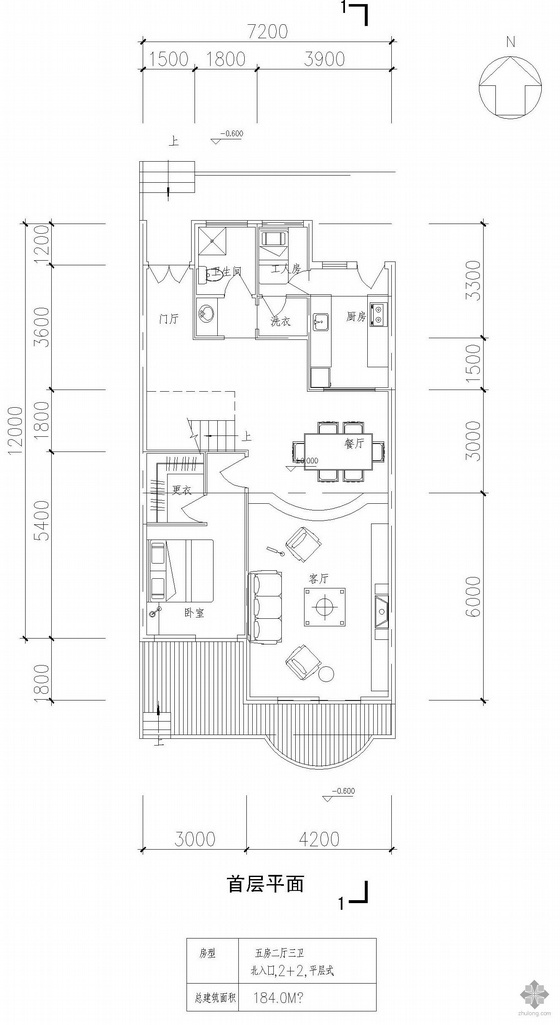 200平米平层四室户型图资料下载-四层独栋别墅户型图(184)