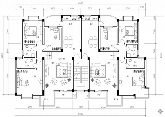 户型图一梯二户资料下载-板式多层一梯二户户型图(129/129)