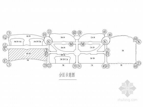 [黑龙江]30万平购物广场城市综合体建筑结构施工图-分区示意图 