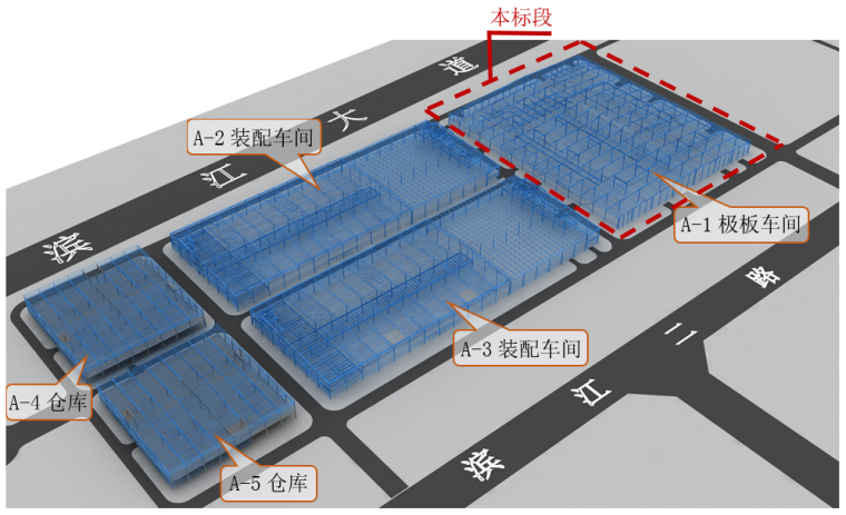 [湖北]门式刚架厂房钢结构工程A-1施工组织设计-整体分布示意图