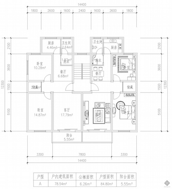 一梯两户两室户型图资料下载-板式多层一梯两户二室二厅一卫户型图(79/79)