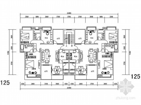 3000平方米的建筑平面图资料下载-多层板式双花园住宅户型平面图（125平方米）