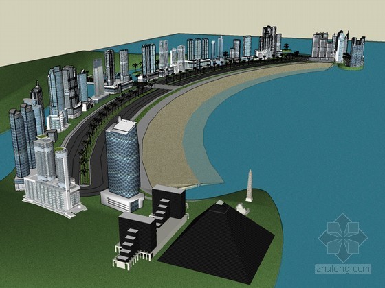 城市建筑群草图模型资料下载-环水商业建筑群SketchUp模型下载