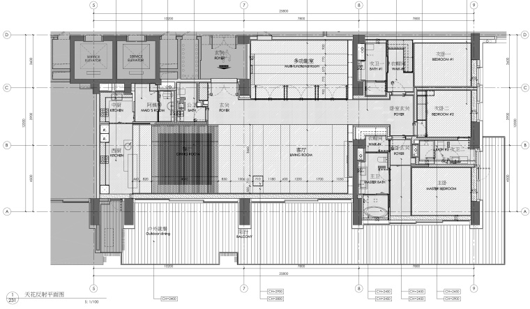 [李玮珉]三亚海棠湾四季公寓现代风格三居室样板间室内装修施工图+效果图+物料（CAD、JPG、PDF）-3天花反射平面图