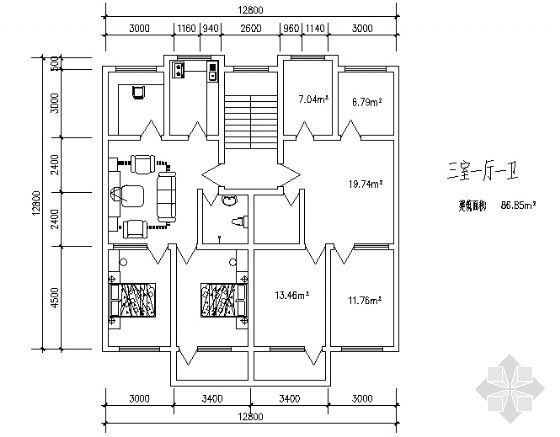 三室一厅一卫楼梯资料下载-三室一厅一卫6（85.85平方米）