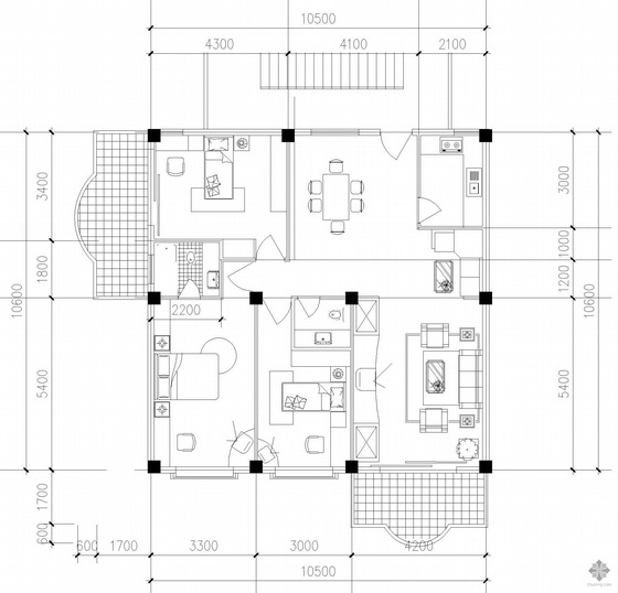 多层三室经典户型图资料下载-板式多层三室单户户型图(121)
