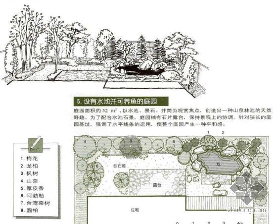 庭院鱼池CAD资料下载-设有鱼池并可养鱼的庭院景观设计图