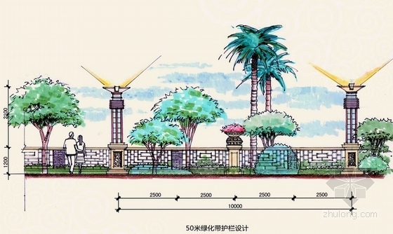 [福建]“异域风情”简约欧式风格高档居住区景观规划设计方案-绿化带护栏立面图