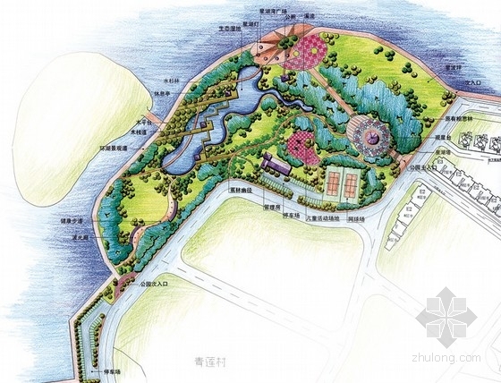 湿地景观效果图素材资料下载-滨水休闲区景观手绘效果图