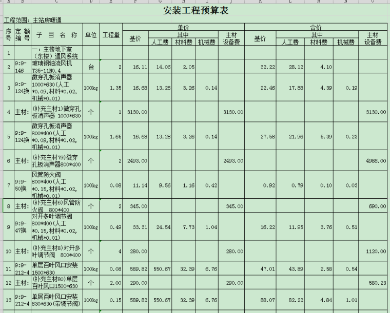 客站主站房安装工程结算书-暖通工程安装预算