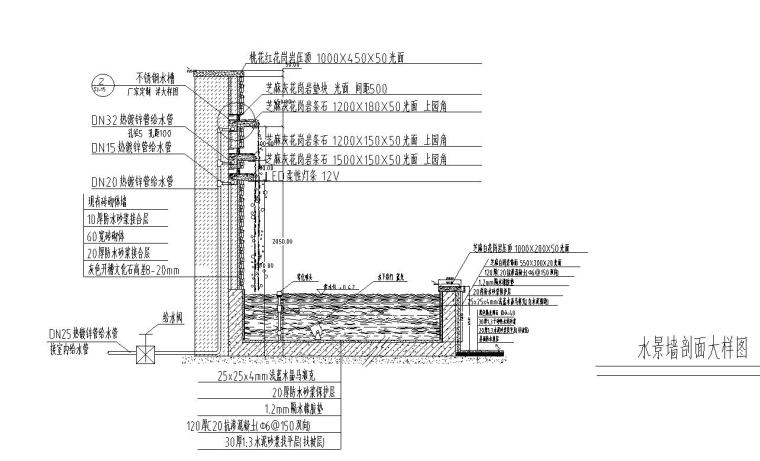 屋顶花园景观工程全套施工图-水景墙剖面大样图