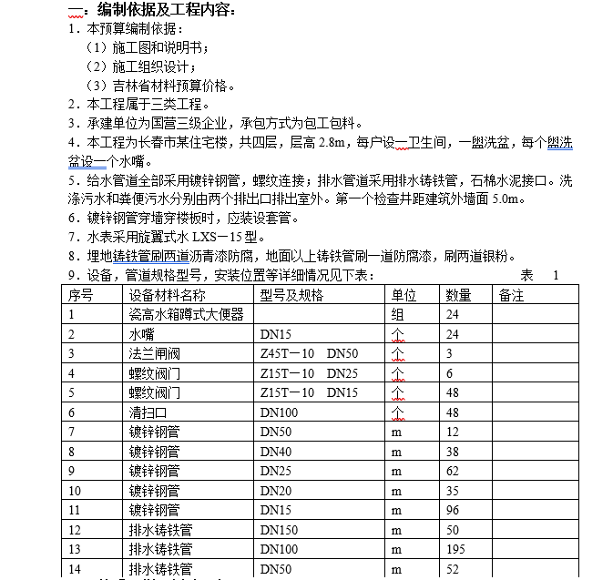 砖混结构住宅楼设计计算书资料下载-住宅楼给排水安装工程施工图预算书