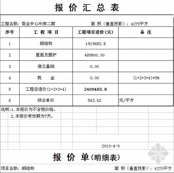 钢结构钢架资料下载-海南某冷冻厂房钢架钢结构全套图纸及预算（2010年）