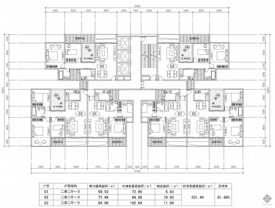 塔式一梯六户户型资料下载-塔式高层一梯六户户型图(73/73/95/95/103/103)