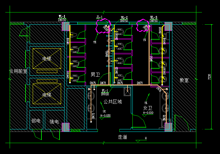 [广东]2018学校办公楼卫生间建筑安装工程预算书(图纸)-2-8层排水平面图