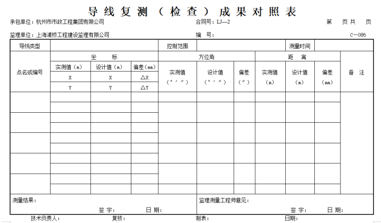 各类公路工程用表汇编(监管、检验、施工、实验)-导 线 复 测 （ 检 查 ） 成 果 对 照 表