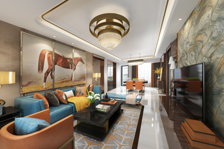 现代风格别墅客厅效果图资料下载-现代风格橙黄住宅客厅设计3D模型（附效果图）