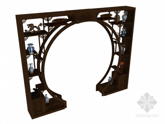 中式木花格3d模型资料下载-中式圆门博物架3D模型下载