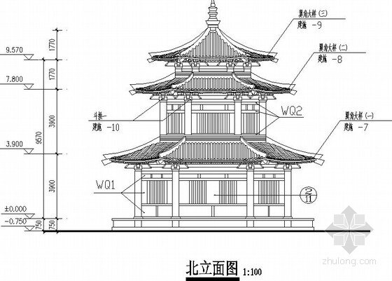 唐式建筑立面施工图资料下载-仿唐古建阁混凝土框架结构施工图