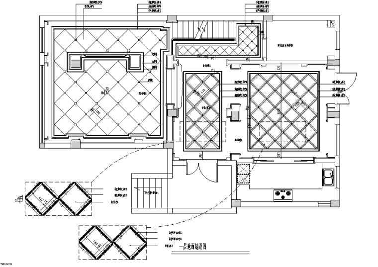 [江苏]简欧联排三层别墅设计施工图（附效果图）-一层地面铺设图