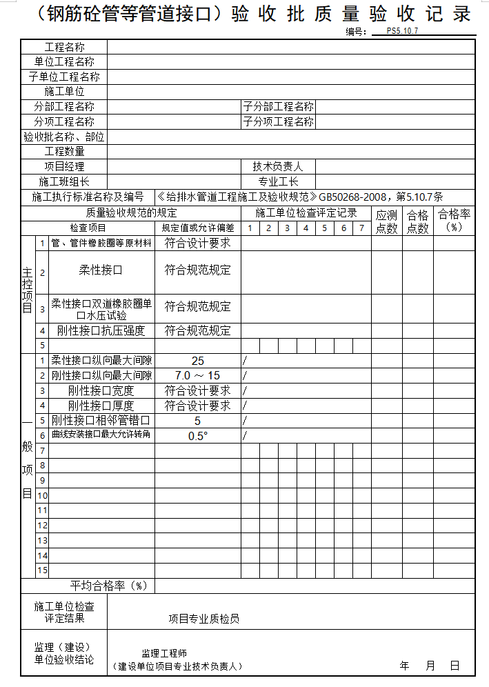 市政工程监理质量检验用表大全(道路、排水)-（钢筋砼管等管道接口）验 收 批 质 量 验 收 记 录