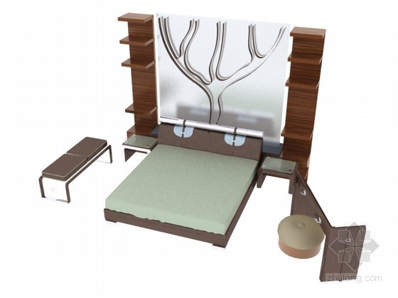 现代双人床3D模型资料下载-现代双人床组合3D模型下载