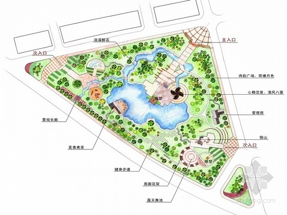 景观规划设计CAD图纸资料下载-[杭州]小镇风情滨水公园景观规划设计方案（含CAD图纸）