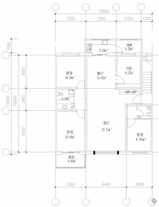 多层三室经典户型图资料下载-板式多层三室单户户型图(130)