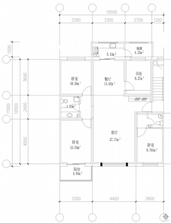 住宅小区130平户型图资料下载-板式多层三室单户户型图(130)