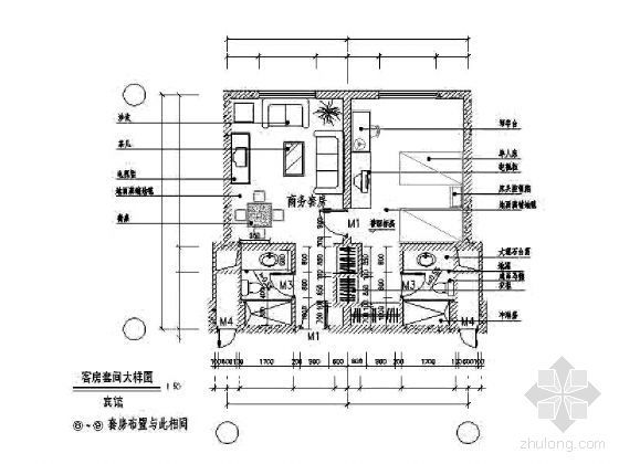 [上海]某九层假日酒店建筑施工图-客房放大平面图1