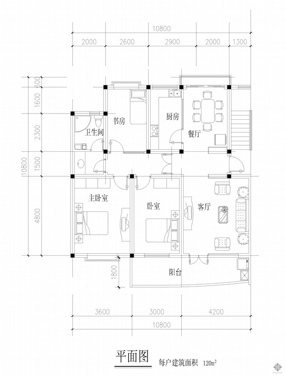 一梯四户120平米户型图资料下载-板式多层单户三室二厅一卫户型图(120)