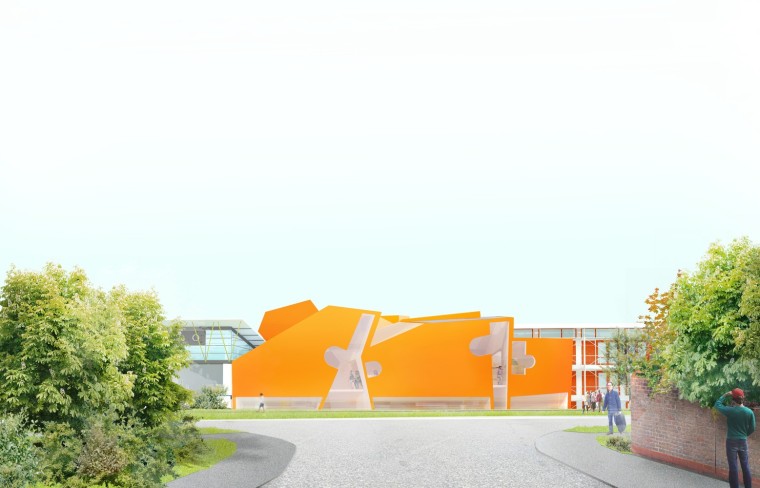 马里兰艺术大学资料下载-Peter Cook 公布伯恩茅斯艺术大学创意中心方案，用橙色交叉木材