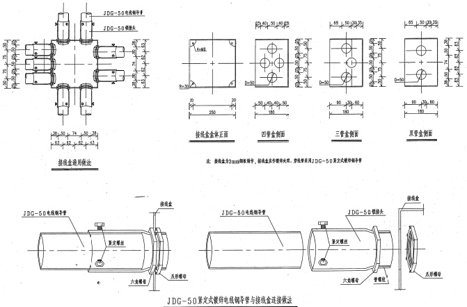 [福建]单洞三车道隧道竣工图169页（pdf格式）-接线盒与电线钢导管连接大样通用图