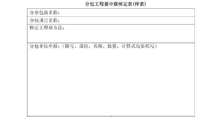 大型施工企业项目管理手册201页（表格、流程图）-分包工程量申报核定表