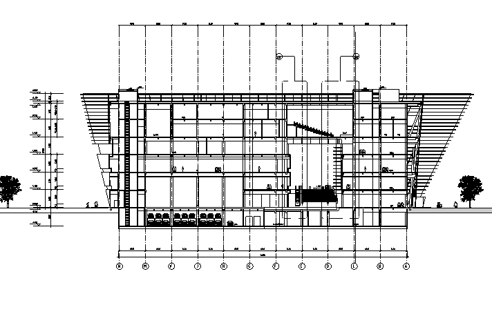 [江苏]六层梯形造型框架结构图书馆建筑施工图(含全专业图纸）-六层梯形造型框架结构图书馆建筑剖面图