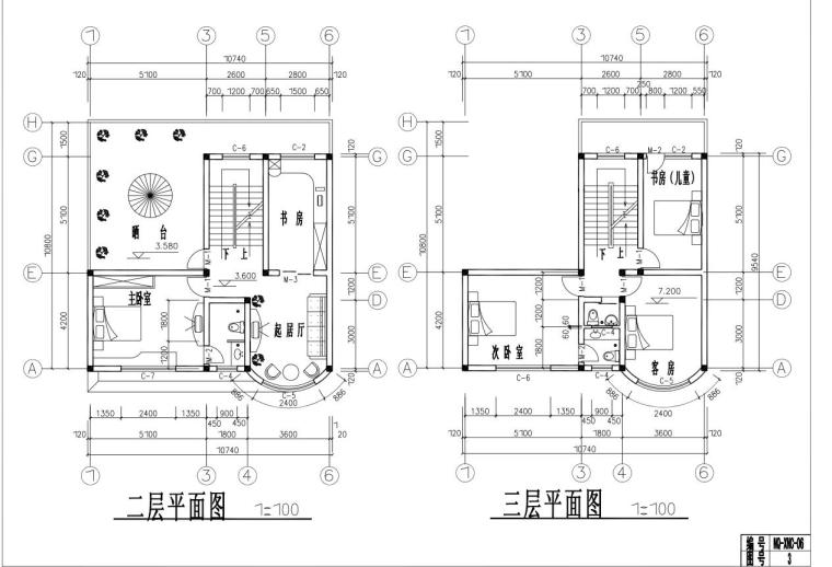 户型为3层新农村独栋别墅建筑方案设计（包含CAD）-二三层平面图