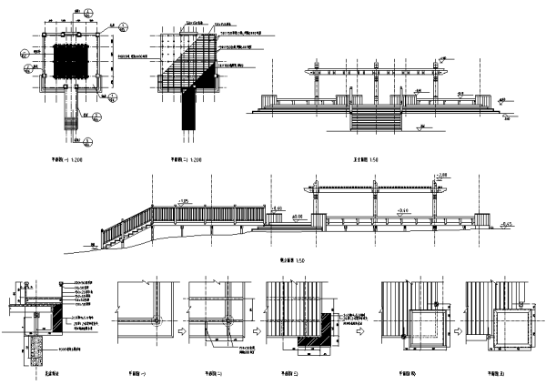 园林景观小品亲水平台、木栈道、景观桥、汀-观景平台设计详图