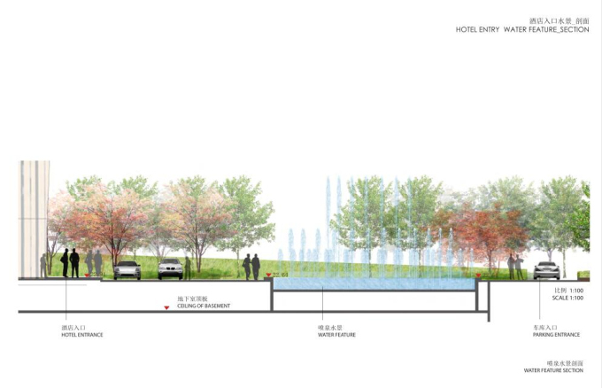[湖北]武汉中心景观方案设计-酒店入口水景_剖面