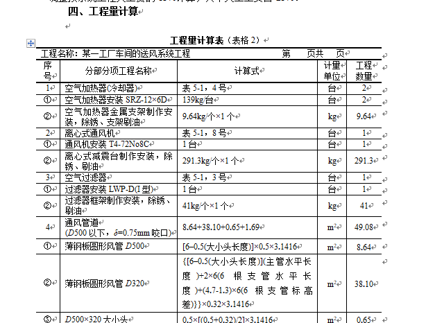 某通风空调工程清单计价-工程量计算