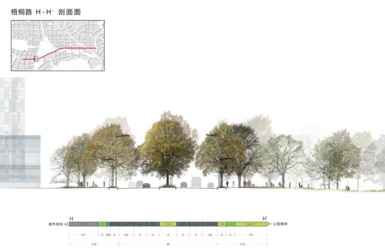 [湖南]某湖西片区道路景观规划设计pdf(59页)——法国岱禾-梧桐路 H-H ’ 剖 面 图