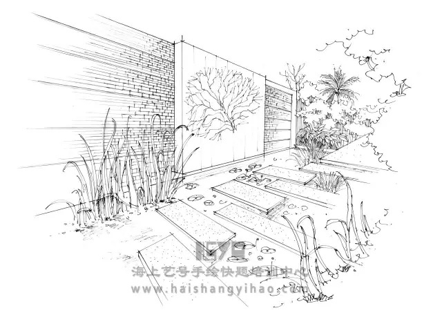 园林景墙庭院景观资料下载-景墙的画法步骤图解析:庭院中间有道墙