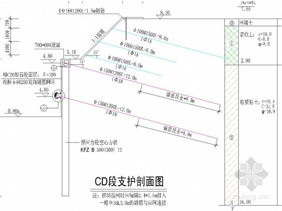 [江苏]酒店地下室基坑桩锚支护施工图-支护剖面图 