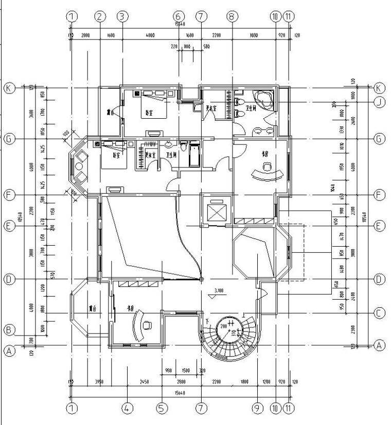 三层独栋别墅建筑施工图设计-二层平面图