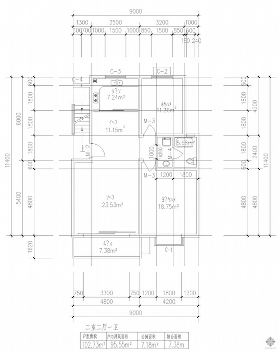 板式高层两室一卫户型图资料下载-板式多层单户二室二厅一卫户型图(103)