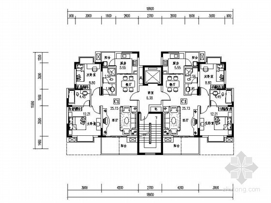 小高层南入口户型资料下载-某多层、小高层板式住宅户型图（南梯、85平方米）