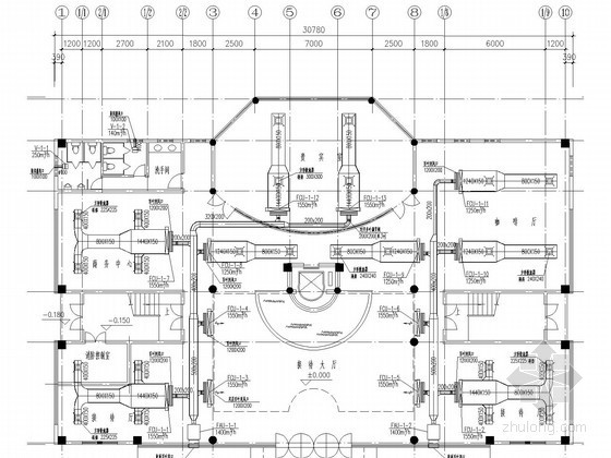 多层办公楼中央空调系统设计施工图（风冷往复式冷水机组）-一层空调风管平面图 
