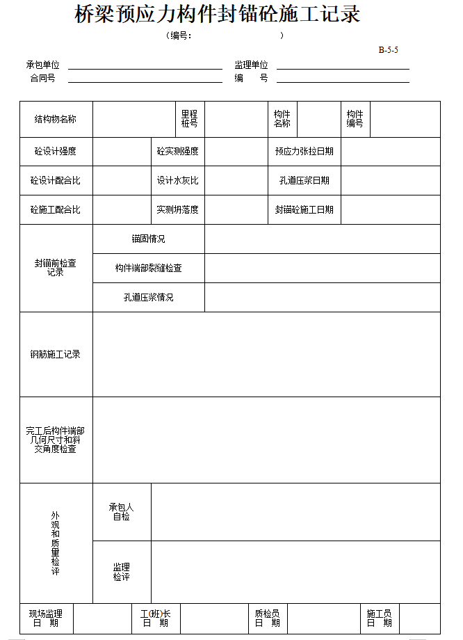 桥梁工程施工专用表格范本-桥梁预应力构件封锚砼施工记录