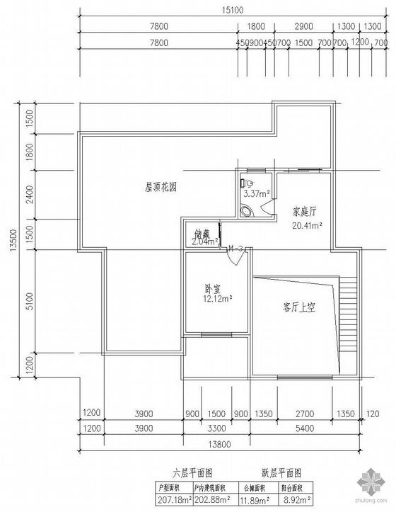 板式一梯二户有跃层户型图(203/203)-2