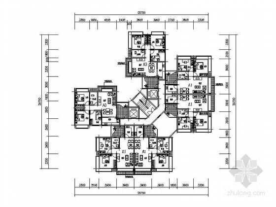 户型平面转角资料下载-某高层住宅一梯六转角户型平面图（63、75、86平方米）