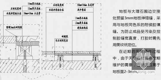 建筑工程精装修基本知识及常见问题案例分析（70余页）-石材与地板交界处施工示意图